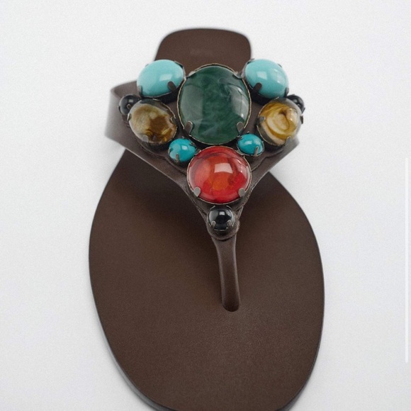 ZARA Beaded Flat Leather Sandal Brown - Picture 4 of 12